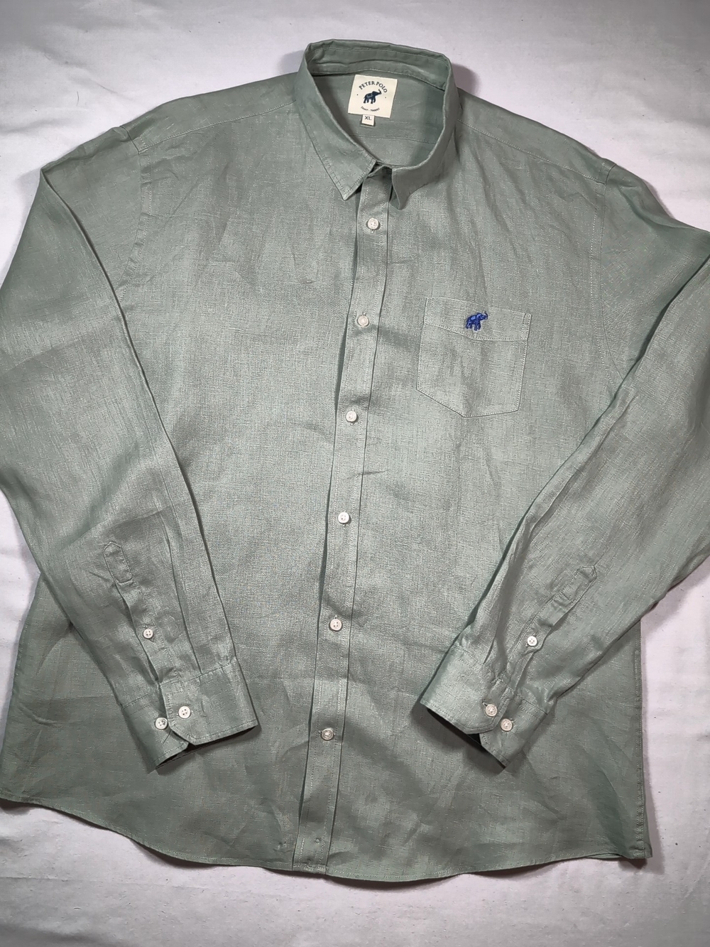 Men's Peter Polo Sage Green Linen Button-Up Shirt with Chest Pocket XL